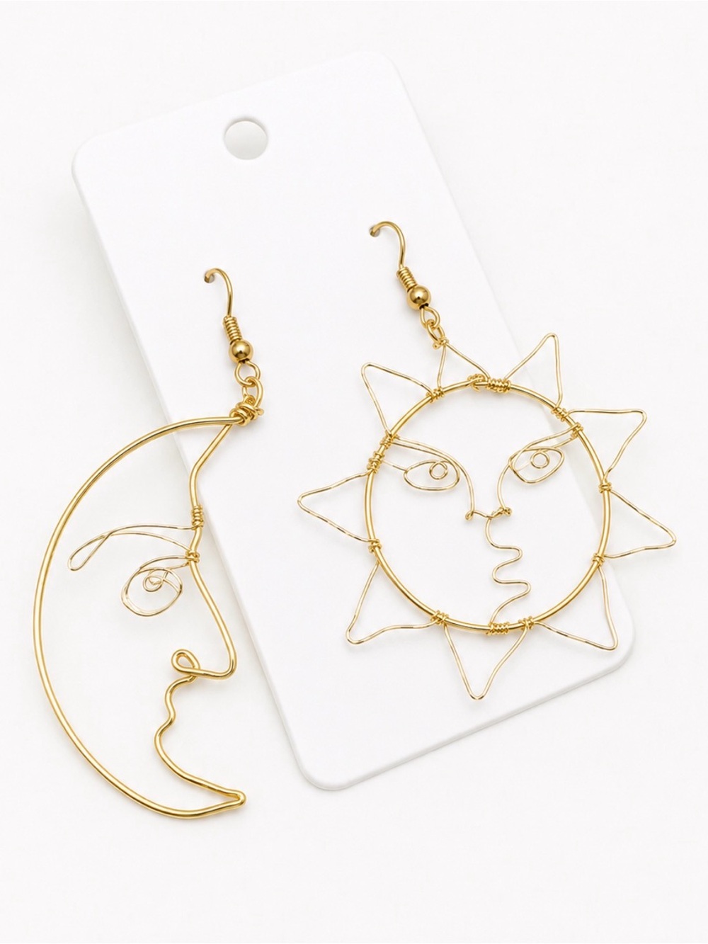 Sun & Moon Celestial Wire Statement Earrings Gold Tone